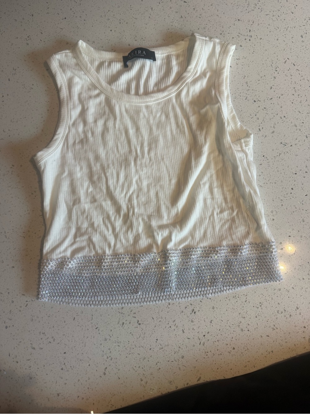AKIRA White Ribbed Tank with Silver Beaded Hem